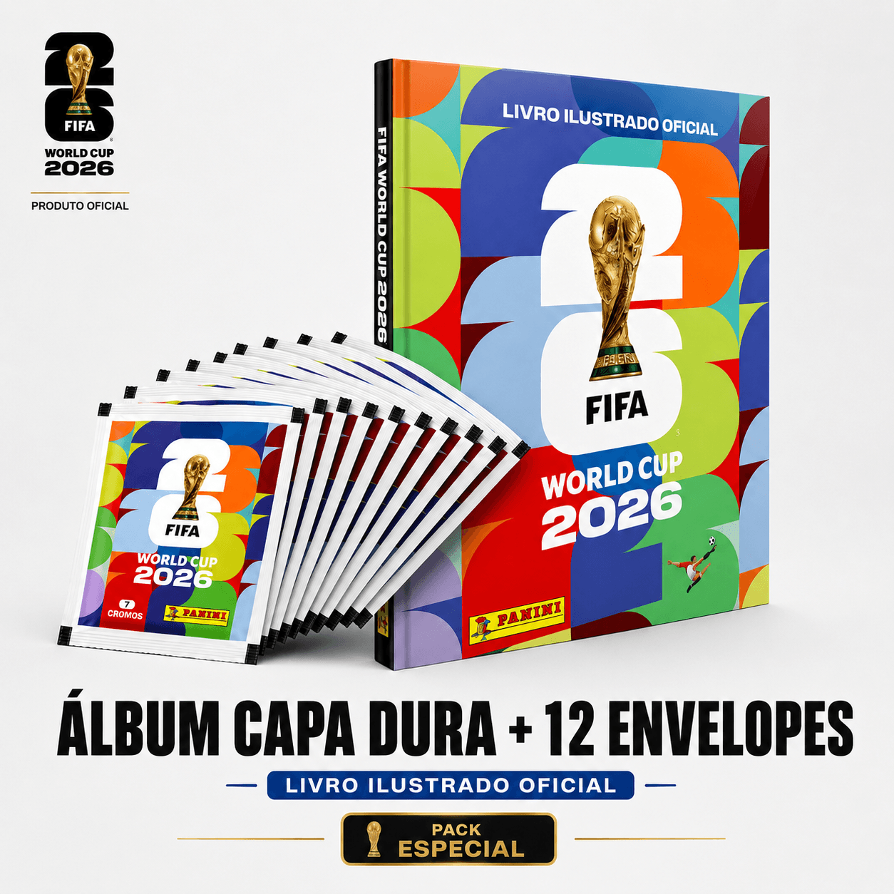 Combo álbum capa dura e 12 envelopes da Copa 2026