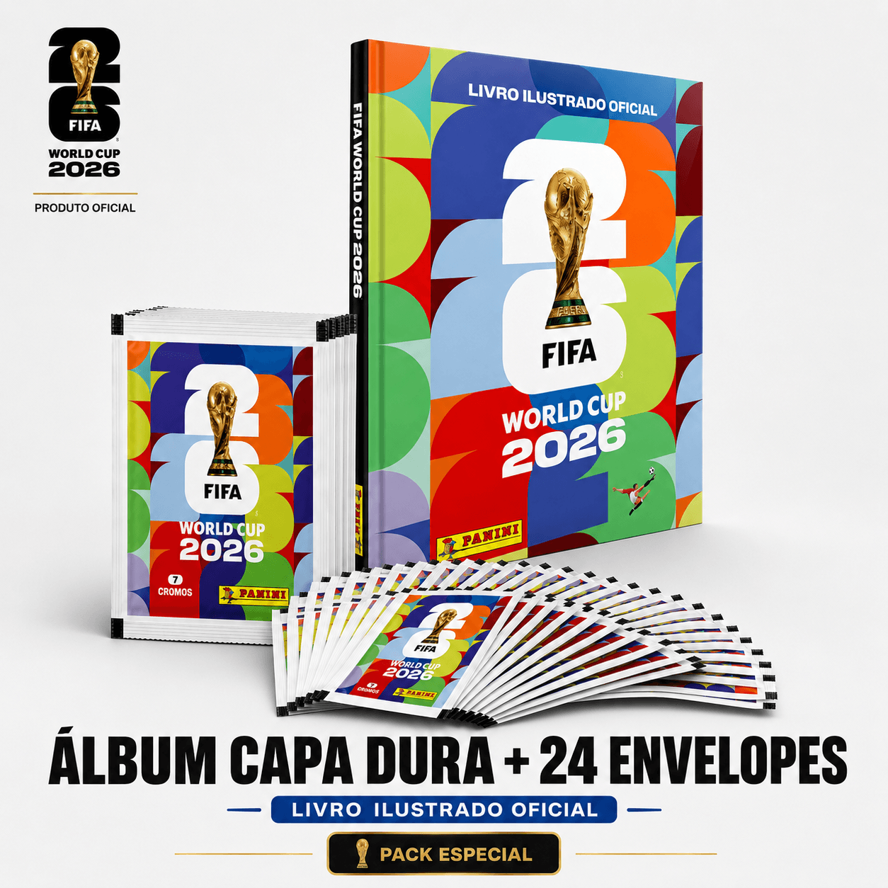 Combo álbum capa dura e 24 envelopes da Copa 2026