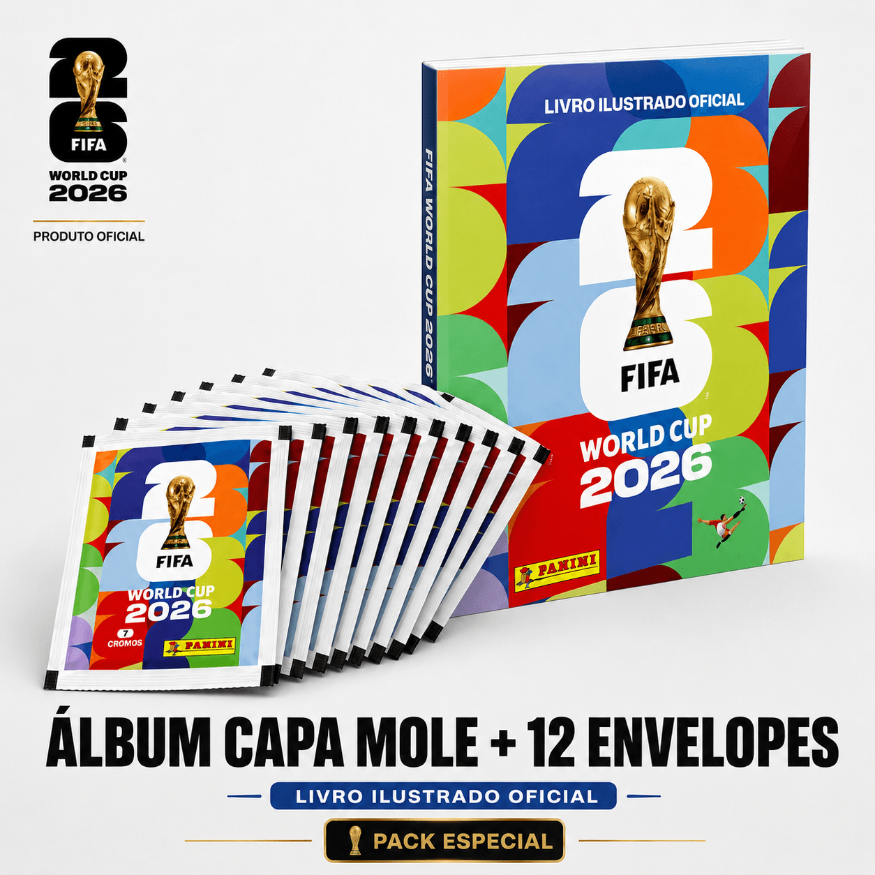 Combo álbum capa mole e 12 envelopes da Copa 2026